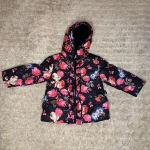 Rothschild hooded ruffled black floral puffer jacket/coat